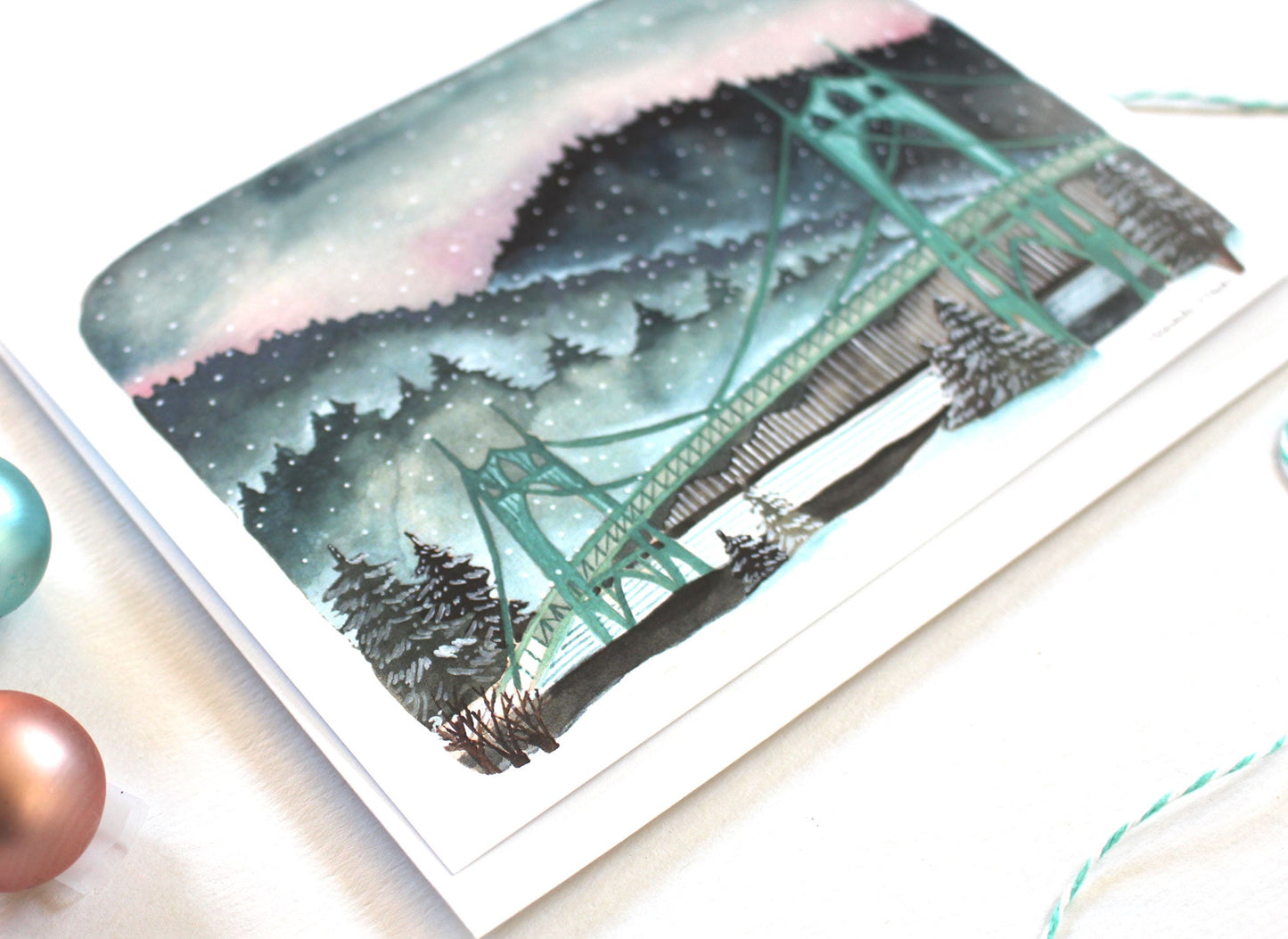 Portland Oregon Illustrated Card Snowy St Johns Bridge