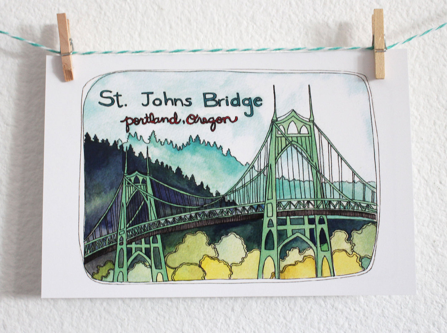 St Johns Bridge Illustrated Portland Postcard.