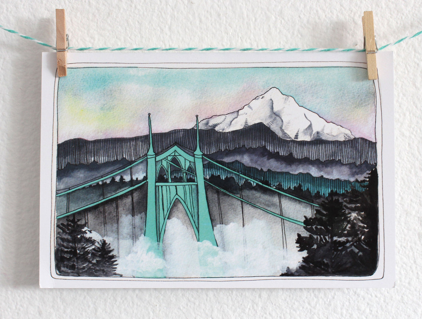 Portland Oregon St Johns Bridge Illustrated Postcard