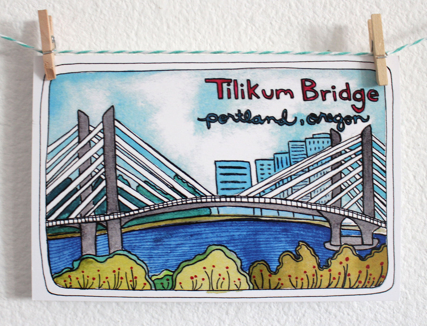 Tilikum Bridge Illustrated Portland Oregon Postcard