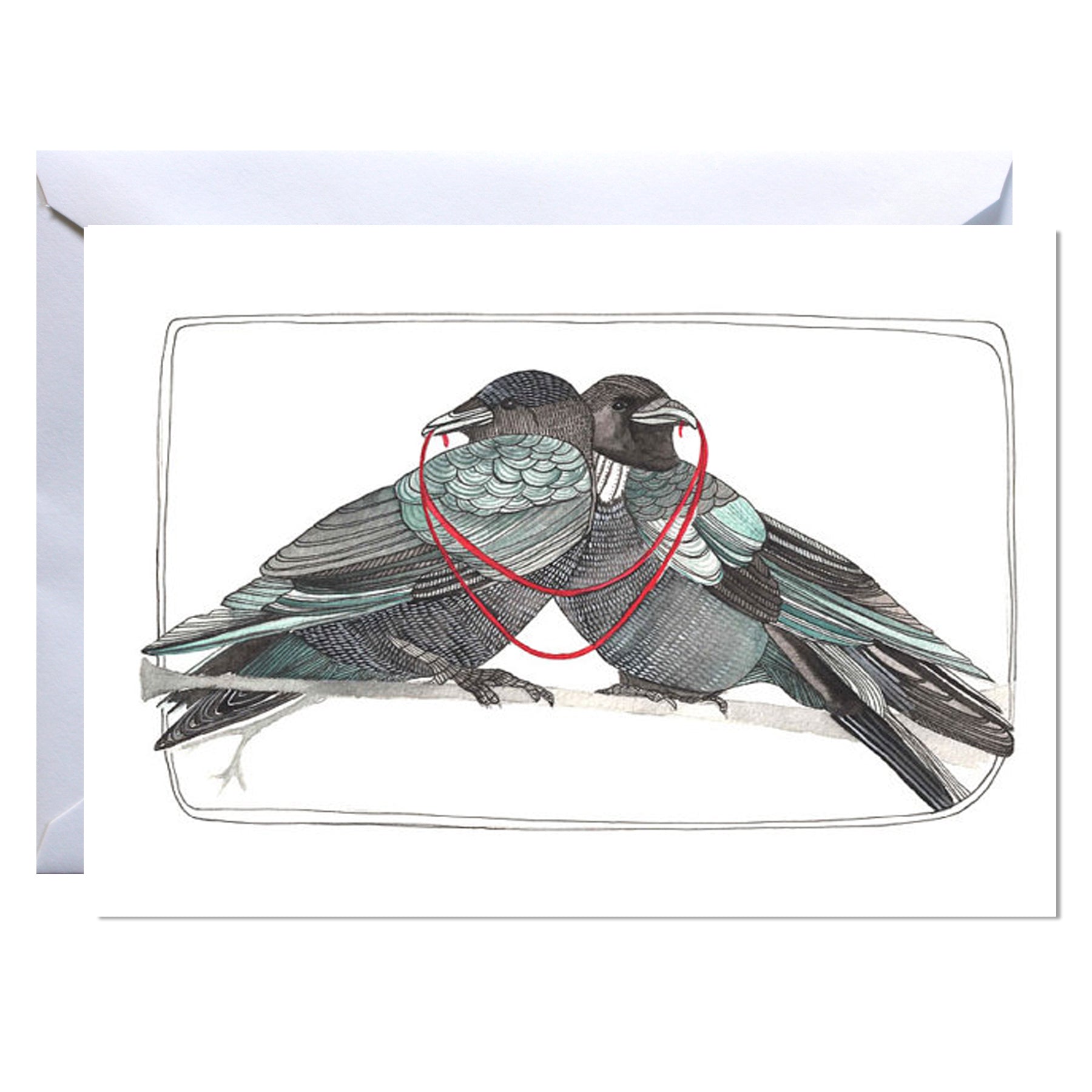 Card with illustration of two birds and a red heart on a white background
