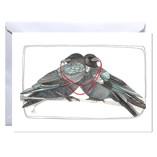 Card with illustration of two birds and a red heart on a white background