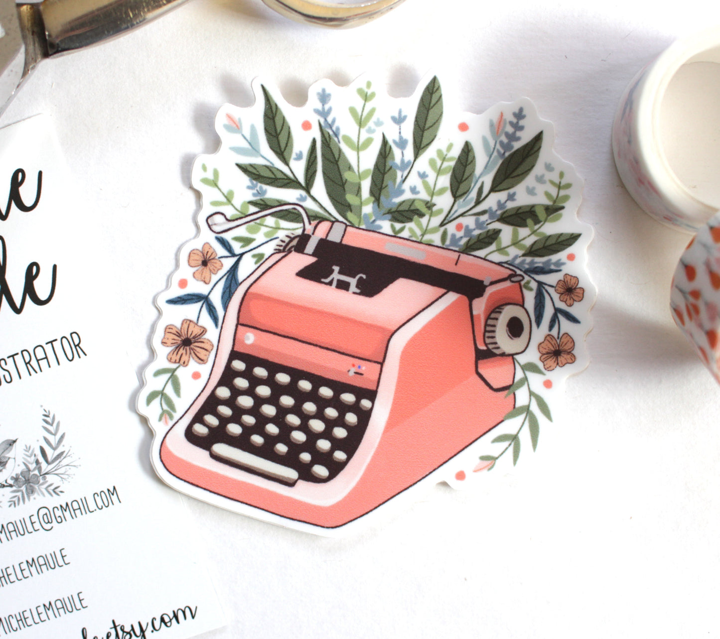 Typewriter with Flowers Durable Vinyl Sticker