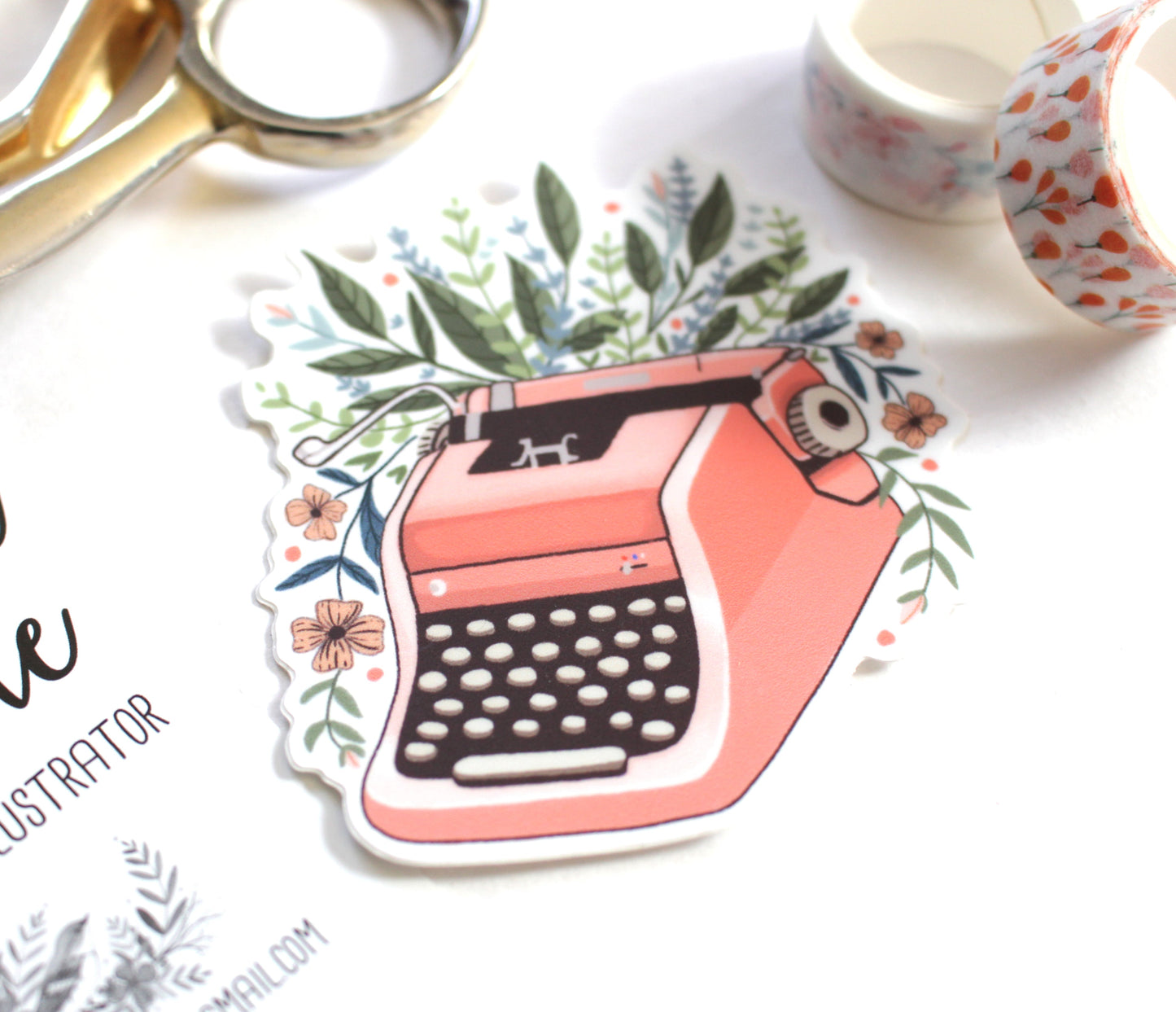 Typewriter with Flowers Durable Vinyl Sticker