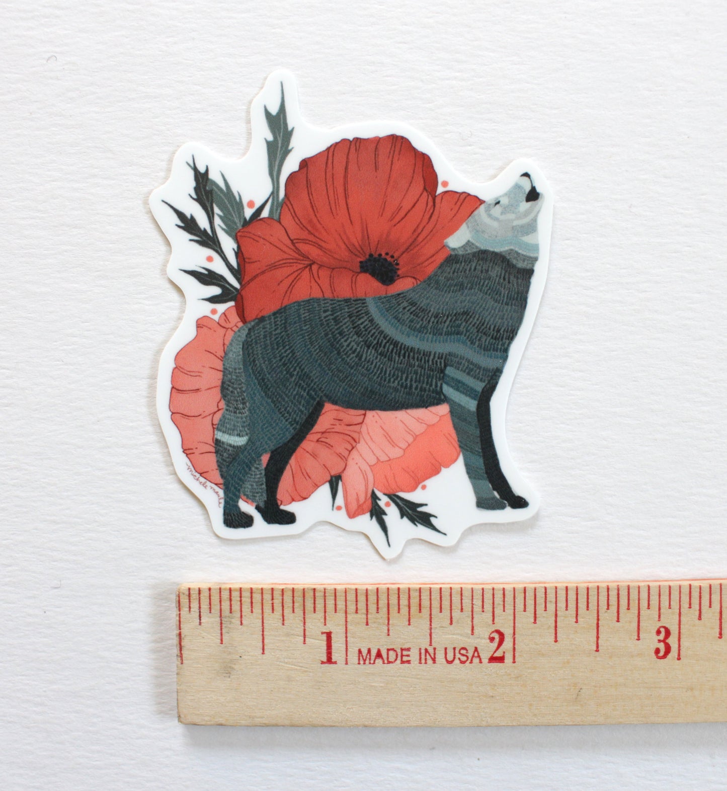 Vinyl Sticker - Grey Wolf with Poppies