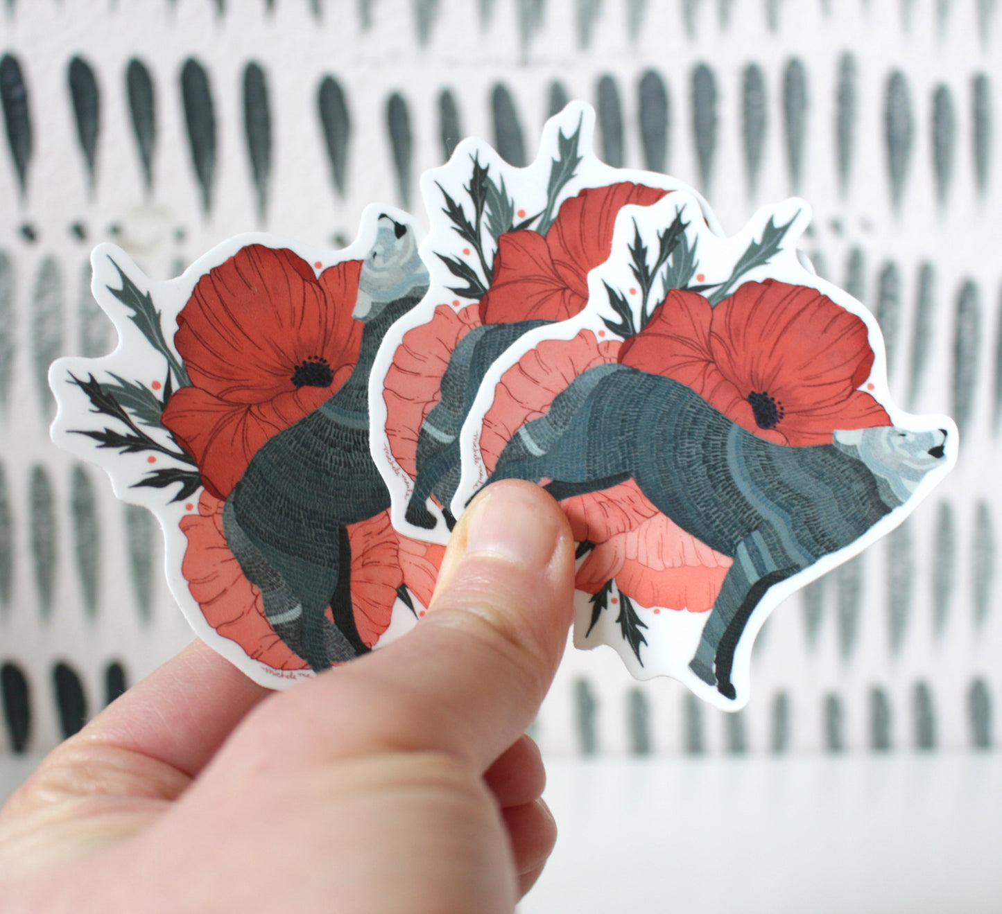 Vinyl Sticker - Grey Wolf with Poppies
