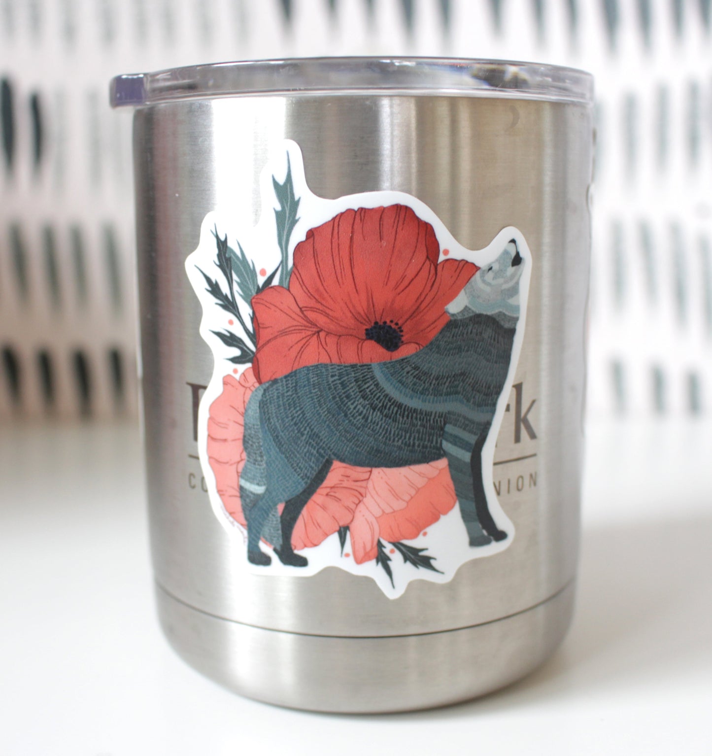 Vinyl Sticker - Grey Wolf with Poppies